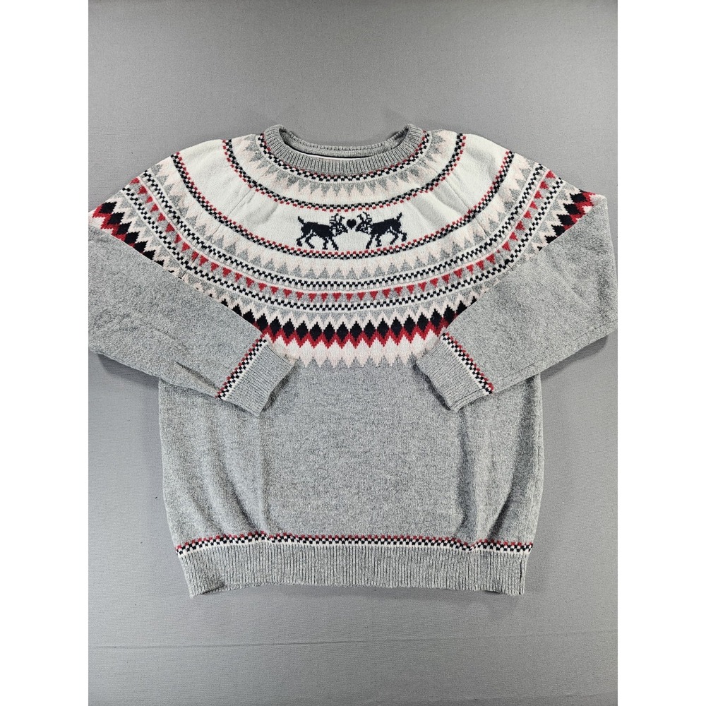 Tommy Hilfiger Fair Isle Reindeer Holiday Sweater Gray Red Crewneck L Y2K Vtg